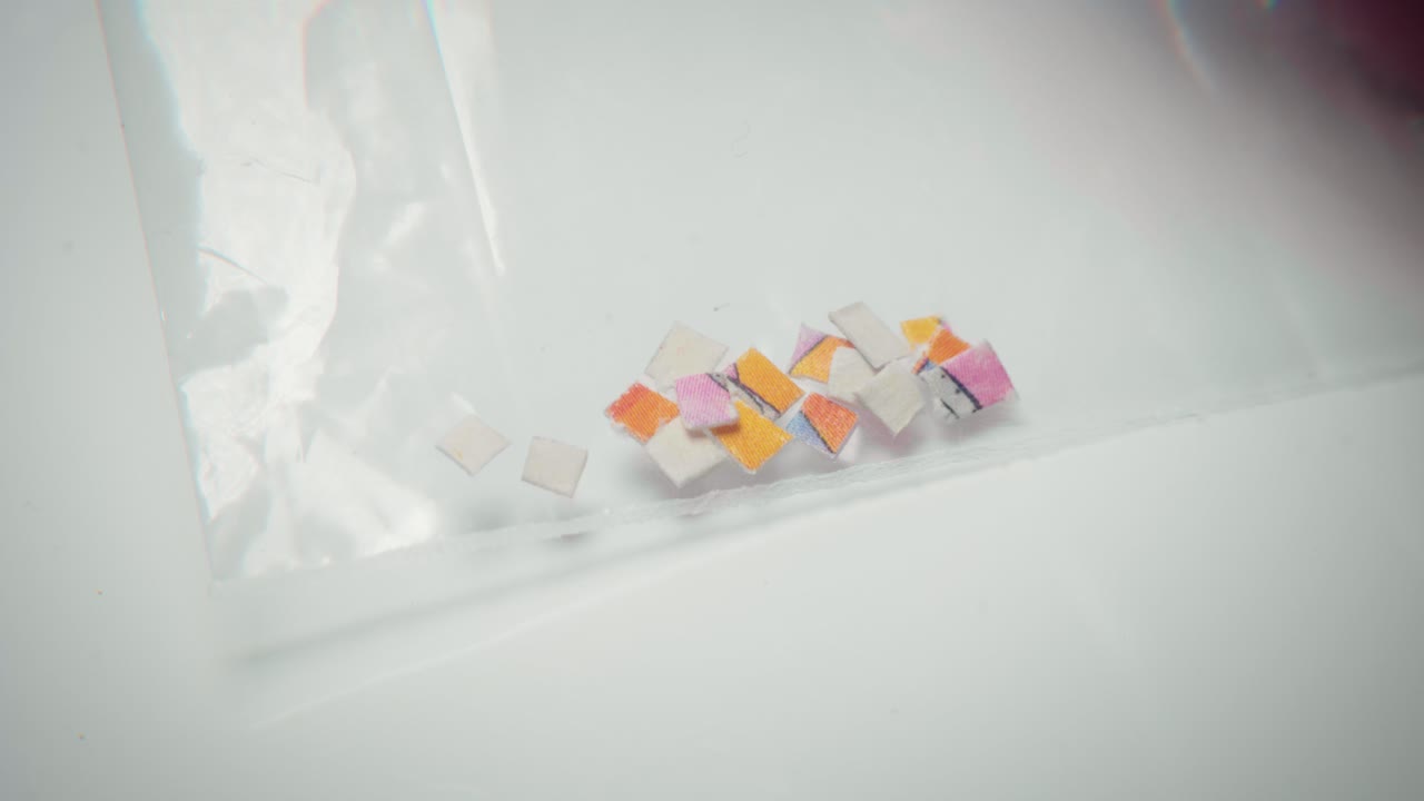 마이크로도징 사용을 위해 비닐 봉지에 있는 4k 매크로 샷의 lsd 탭