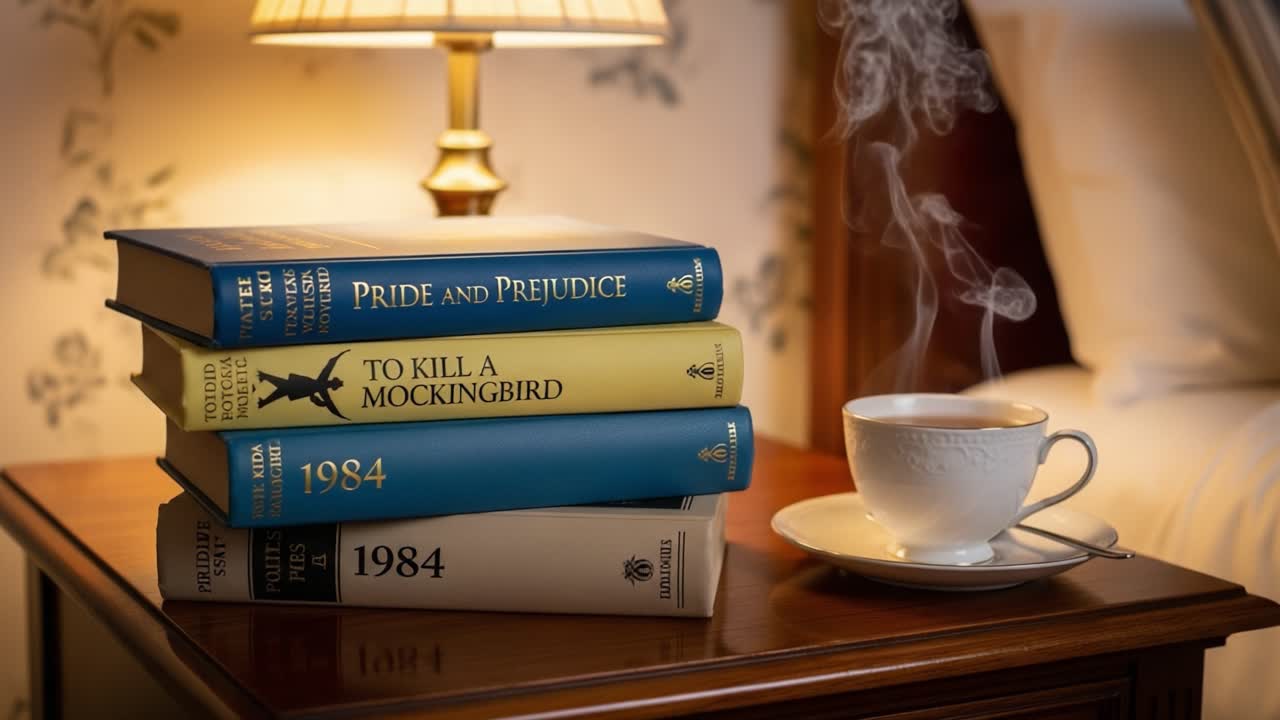 A Cozy Reading Corner Featuring Classic Novels, Steaming Tea, and a Warm Ambiance, Perfect for Literature Lovers and Book Enthusiasts to Unwind at Home