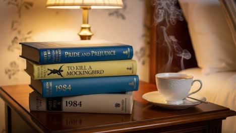 a cozy reading corner featuring classic novels, steaming tea, and a warm ambiance, perfect for literature lovers and book enthusiasts to unwind at home