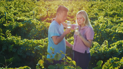 couple in love tasting wine in the vineyard wine tour