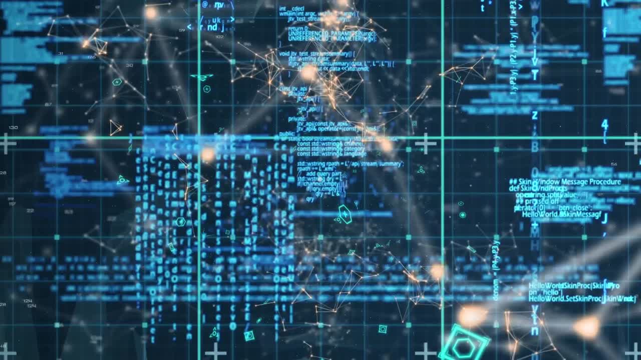Animation of network of connections with icons over data processing
