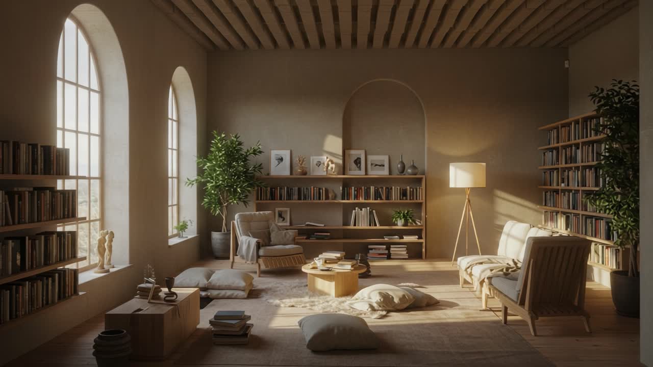 A Cozy and Inviting Reading Nook Featuring Bookshelves, Natural Light, and Comfortable Furniture in a Stylish Living Room Setting