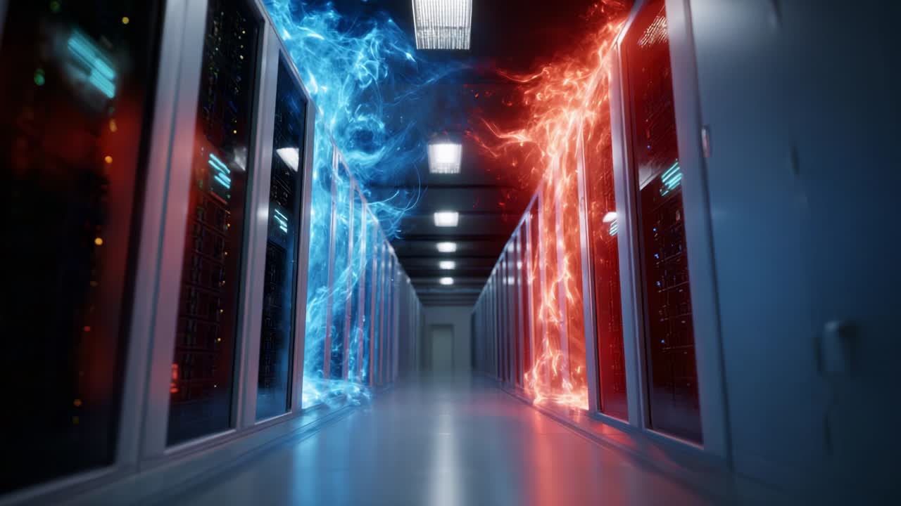 A Visual Representation of Dynamic Forces in a Data Center Environment: Exploring the Interplay of Blue and Red Energy Representations Alongside Server Racks and High-Tech Infrastructure in a Modern Facility