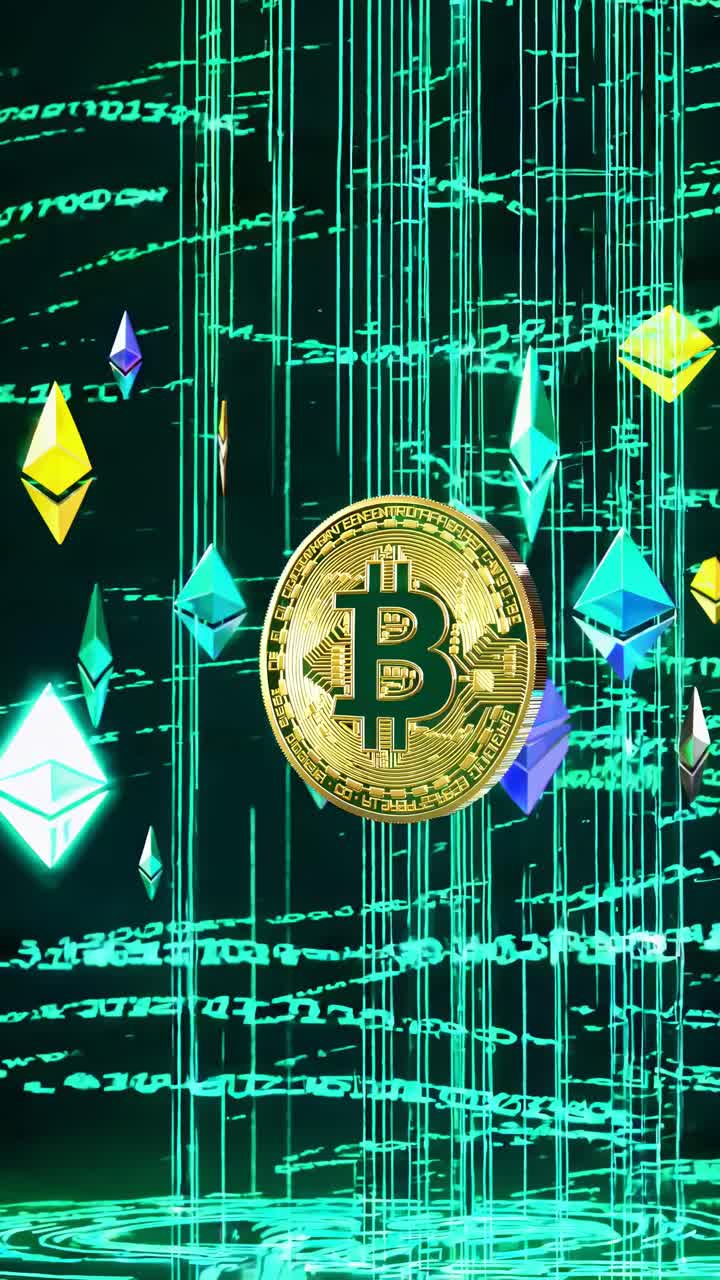 Futuristic video concept with a low-angle view of floating cryptocurrency symbols and digital code