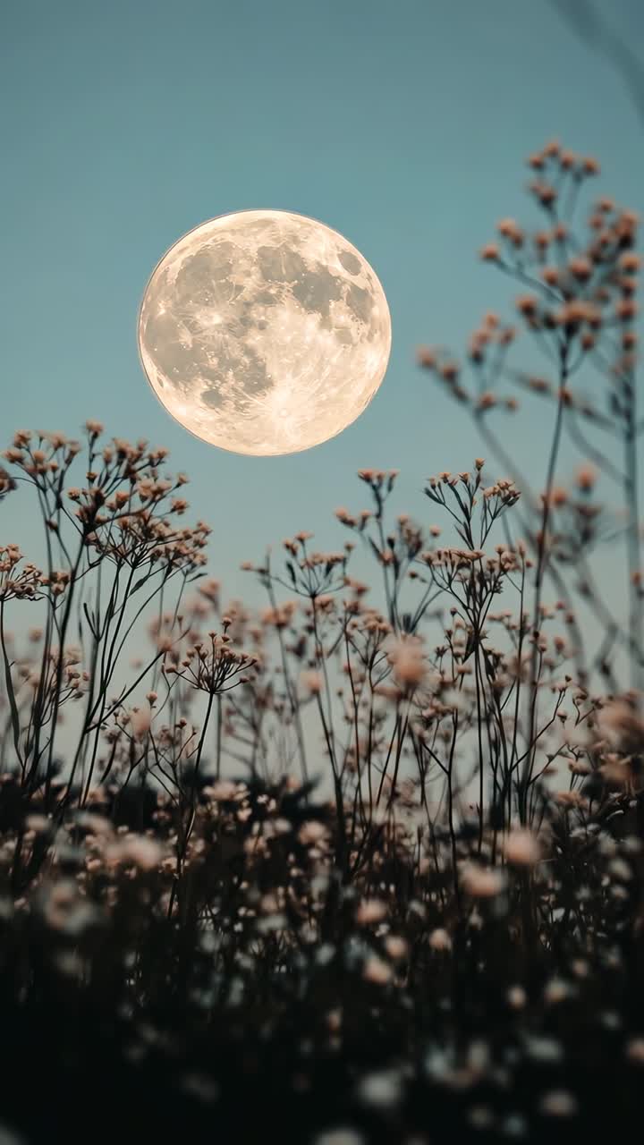 Low-angle shot of wildflowers silhouetted against a full moon, creating a serene, dreamy video scene