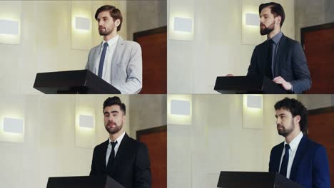 collage de profesionales masculinos detrás de la tribuna antes del discurso