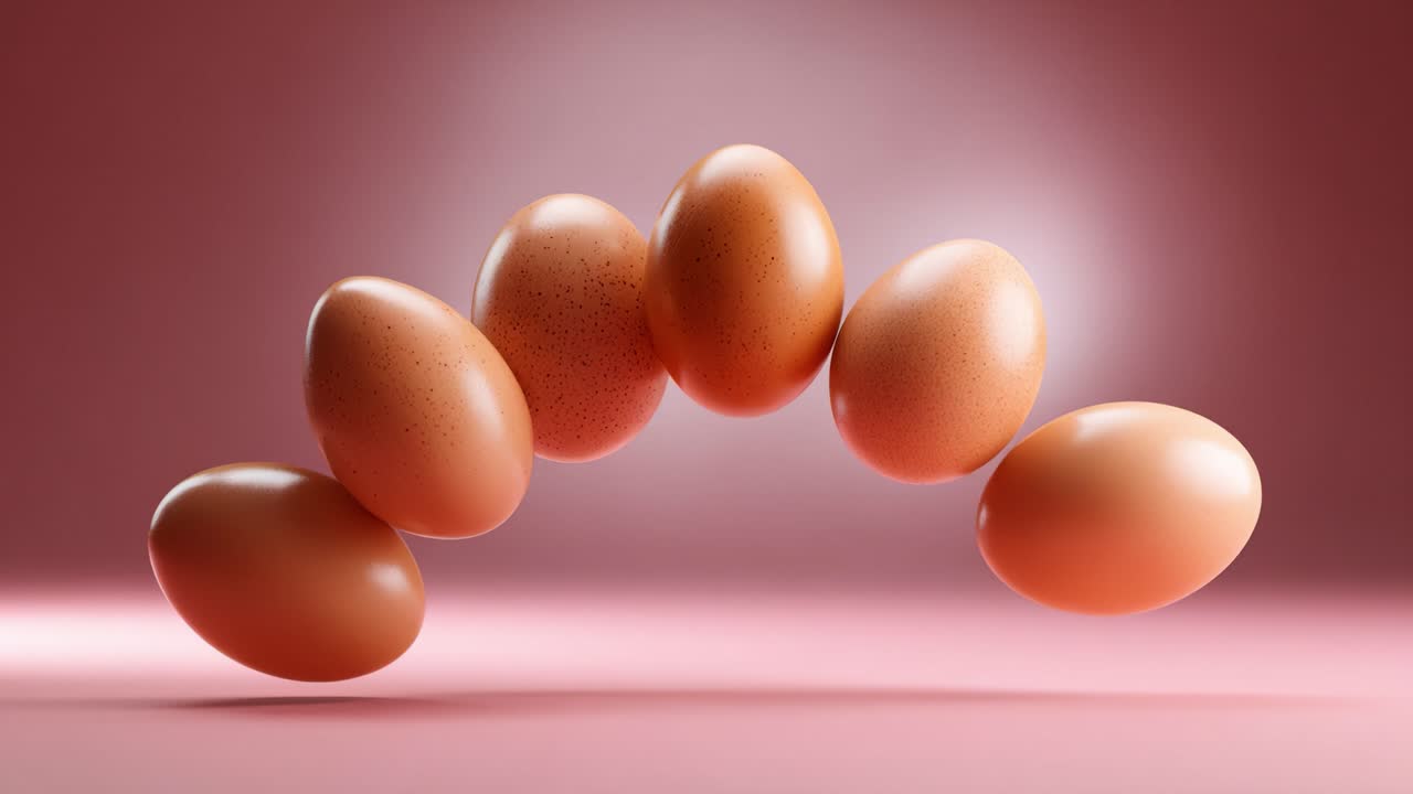 A Stunning Display of Floating Brown Eggs in an Arc on a Blurred Pink Background Captivating Viewers with Their Unique Movement and Texture