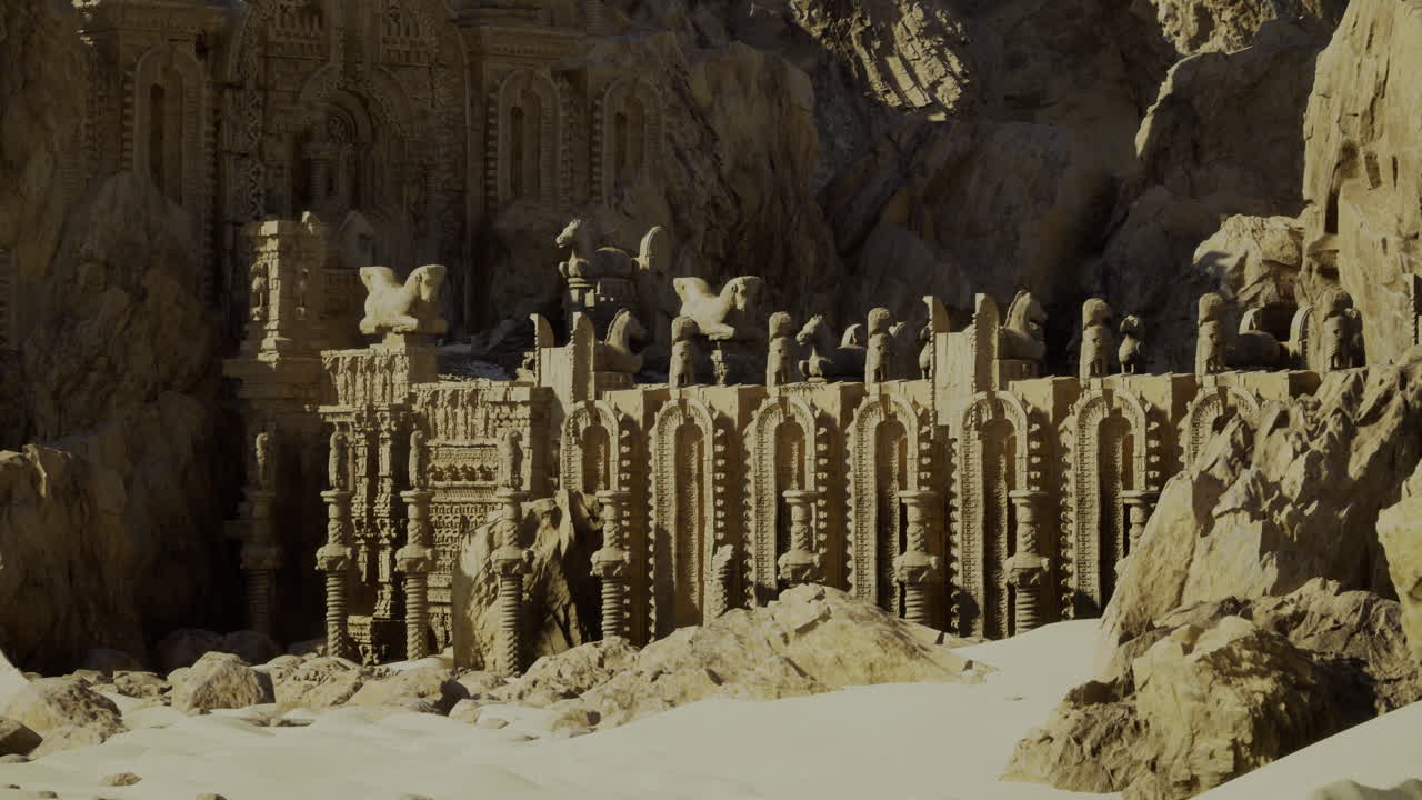 Sand sculptures showcase intricate designs set in a rocky desert location