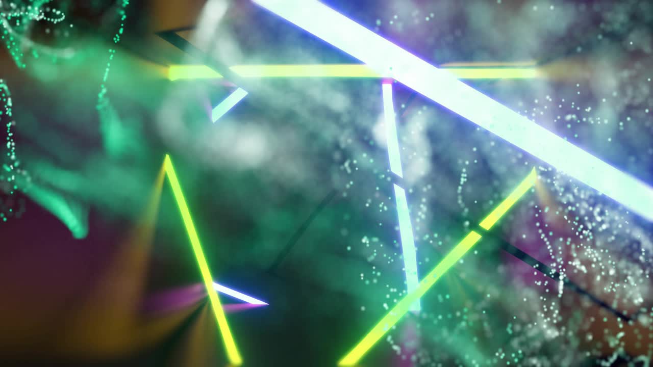 Cyan beam entering view, causing green dotted ribbon rippling, emitting mist, forming neon lattice