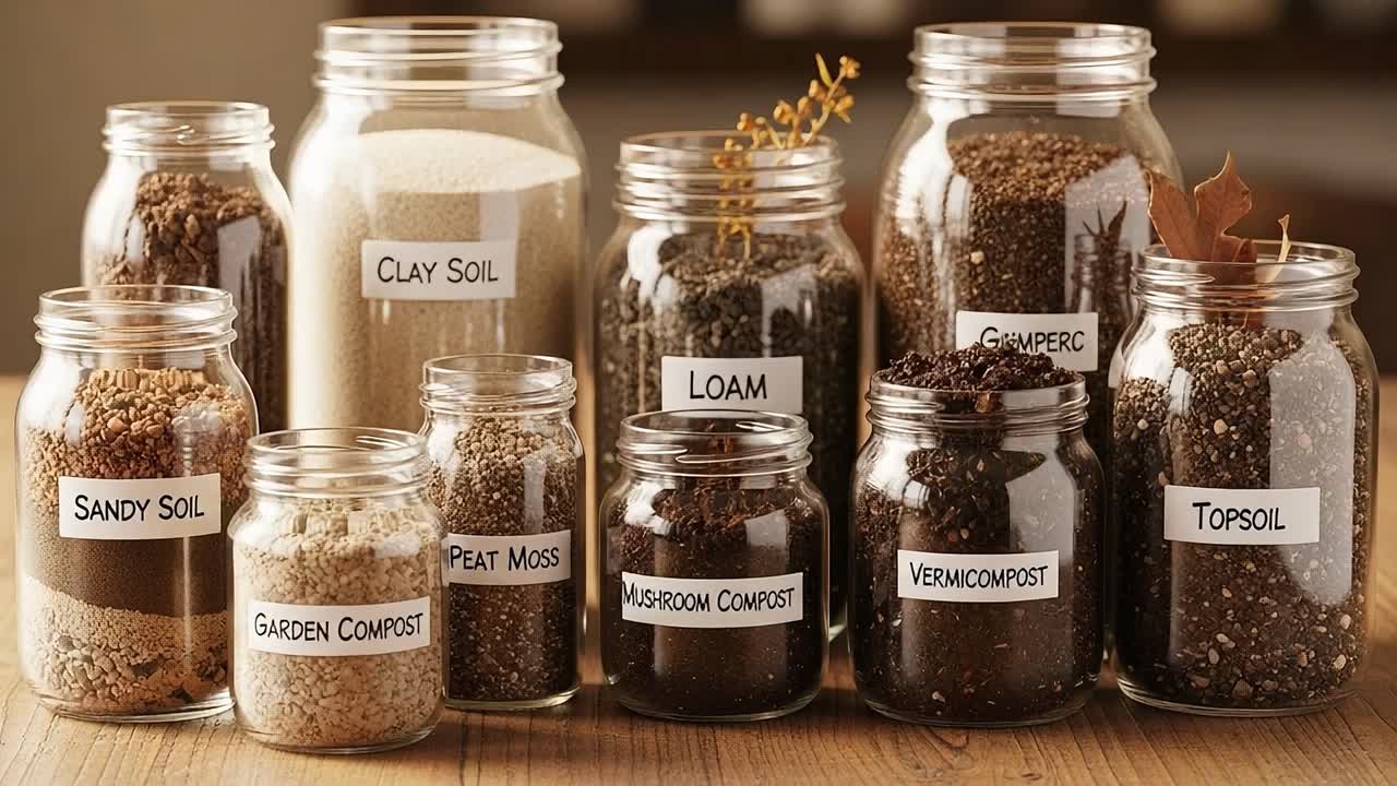 A Beautiful Display of Soil Varieties: Showcasing Different Types of Soil, Compost, and Organic Materials in Clear Jars for Gardening Enthusiasts