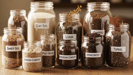 a beautiful display of soil varieties: showcasing different types of soil, compost, and organic materials in clear jars for gardening enthusiasts