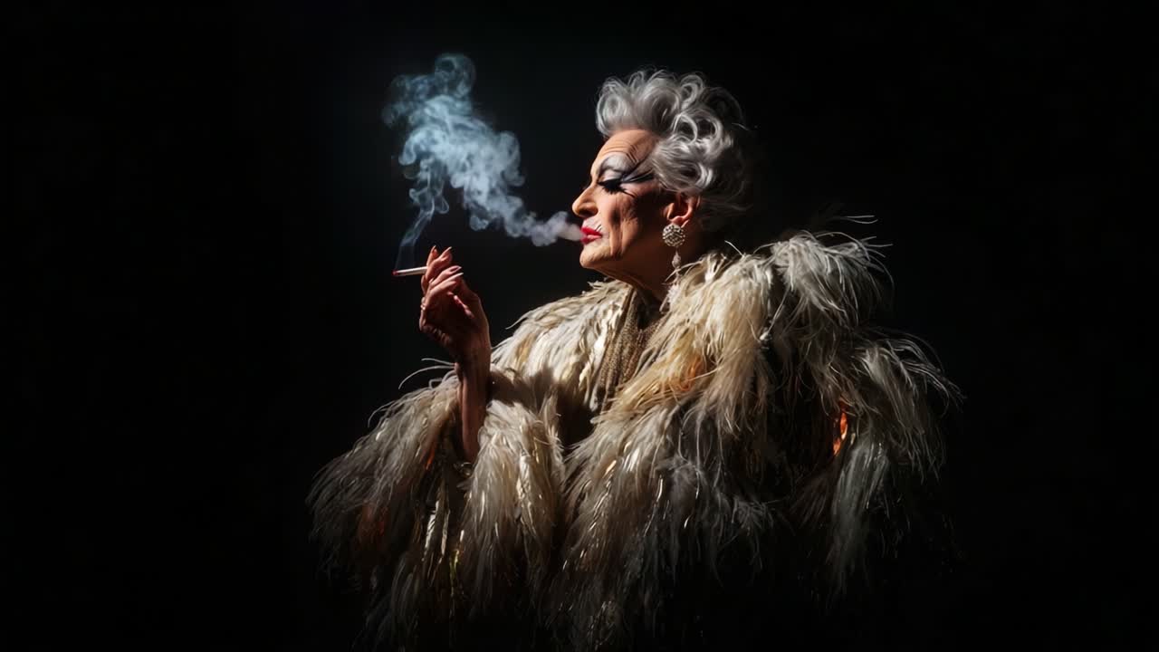 A captivating portrait of an elegant figure shrouded in darkness, gracefully smoking and adorned in a luxurious feather coat, exuding charisma and timeless sophistication
