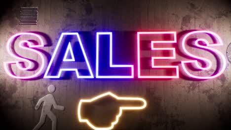 sales neon sign, on a concrete wall, with cracks and dirt all over, metal plates, and dripping water, with color-changing neon letters, 3d animation camera zooms out