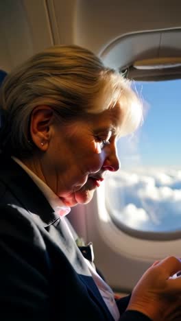 senior female traveler seated near the window on an airplane, using a smartphone.