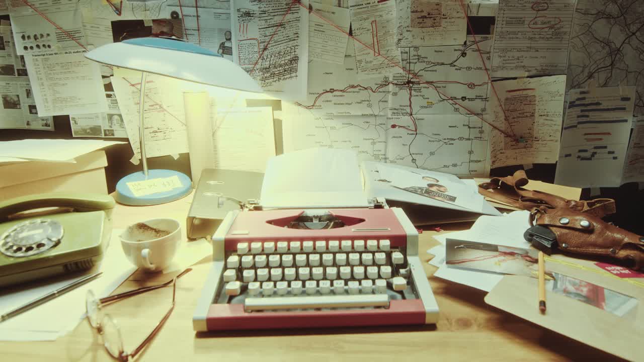 Desk of Typewriter and Telephone under Evidence Board in Office during Night
