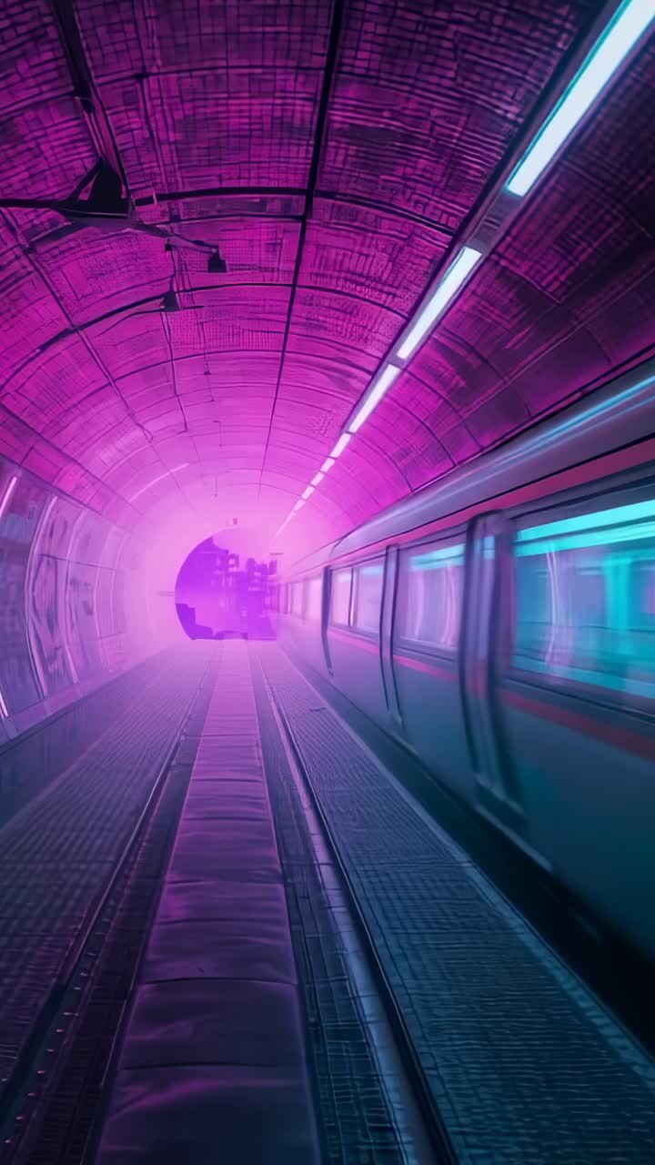 Vertical video: Transit train gliding in neon tunnel, on walkway movement toward portal, copy space