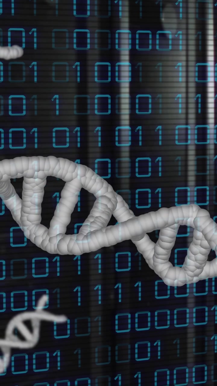 Animation of dna strands, binary coding and data processing over computer servers