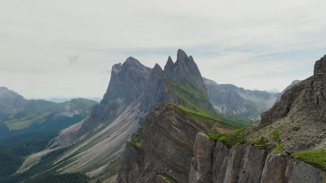 Cinematic drone shot of the Seceda ridge in the Italian Alps, Dolomites
