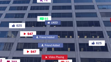 animación de iconos de las redes sociales que caen sobre el paisaje urbano