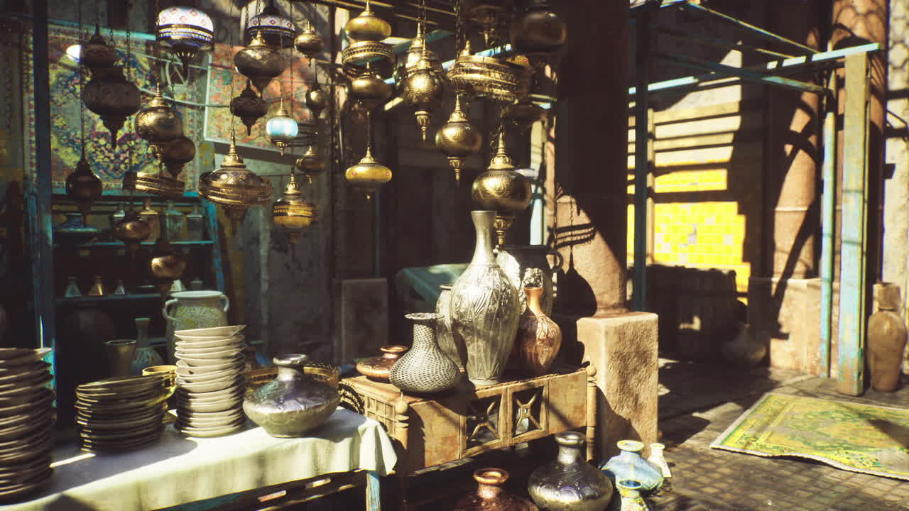 Market scene depiction busy marketplace with traditional metalware display