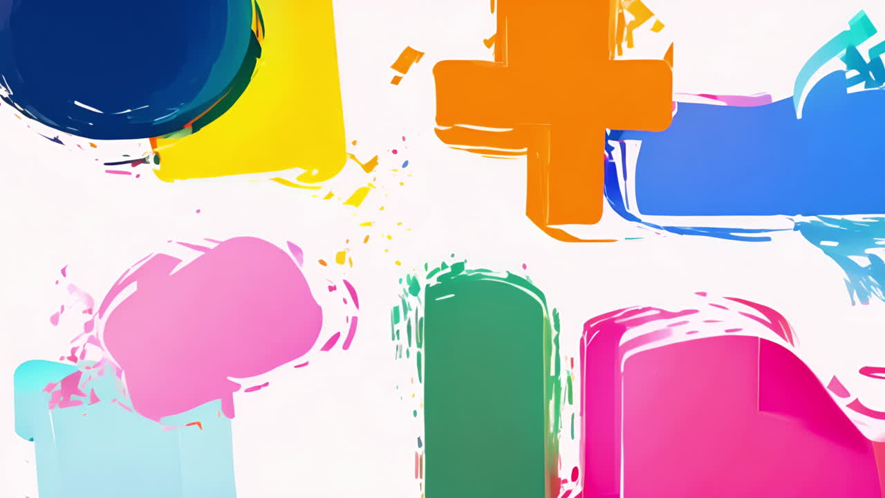 Colorful abstract shapes and symbols animation on white background