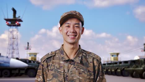 primer plano de un soldado asiático de pie y sonriendo a la cámara en un campamento militar