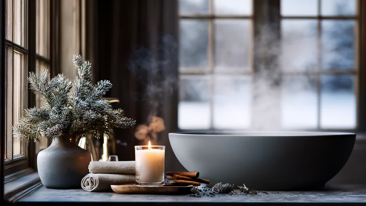 A Serene Spa Retreat at Home: Embrace the Tranquility of a Warm Bath Surrounded by Natural Decor, Steaming Water, and Soft Candlelight for Ultimate Relaxation and Rejuvenation in Winter Atmosphere