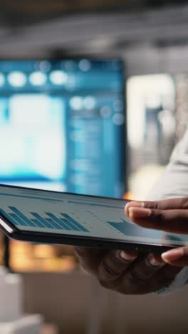 vertical video close up of black professional uses architectural software on tablet