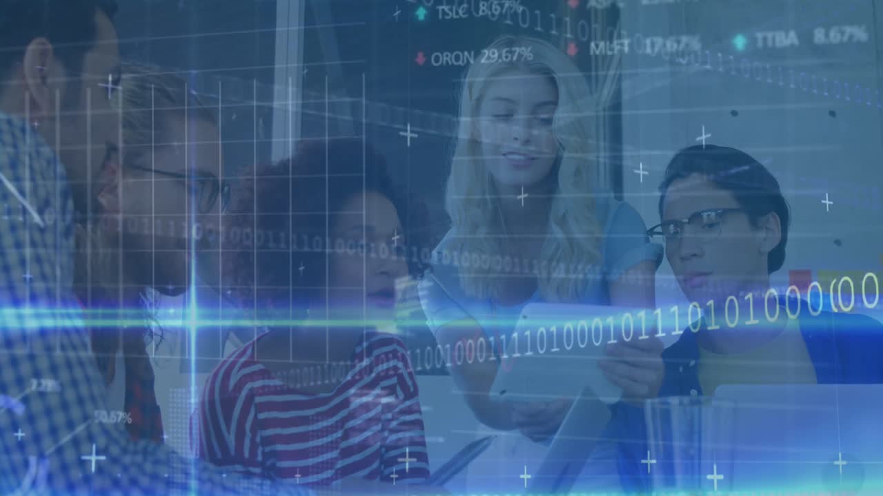 Animation of stock market data processing over diverse colleagues discussing over a digital tablet