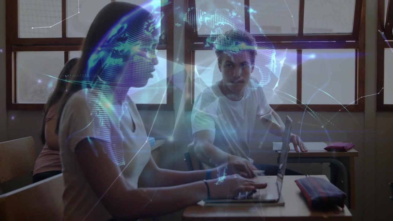 Female student typing, male peer writing in class, net overlay forming globe over them for edtech