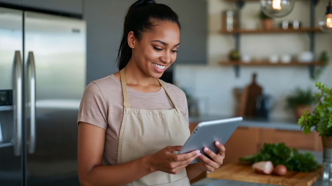 Holding tablet, woman wearing apron tapping, reading recipe at kitchen counter with cutting board
