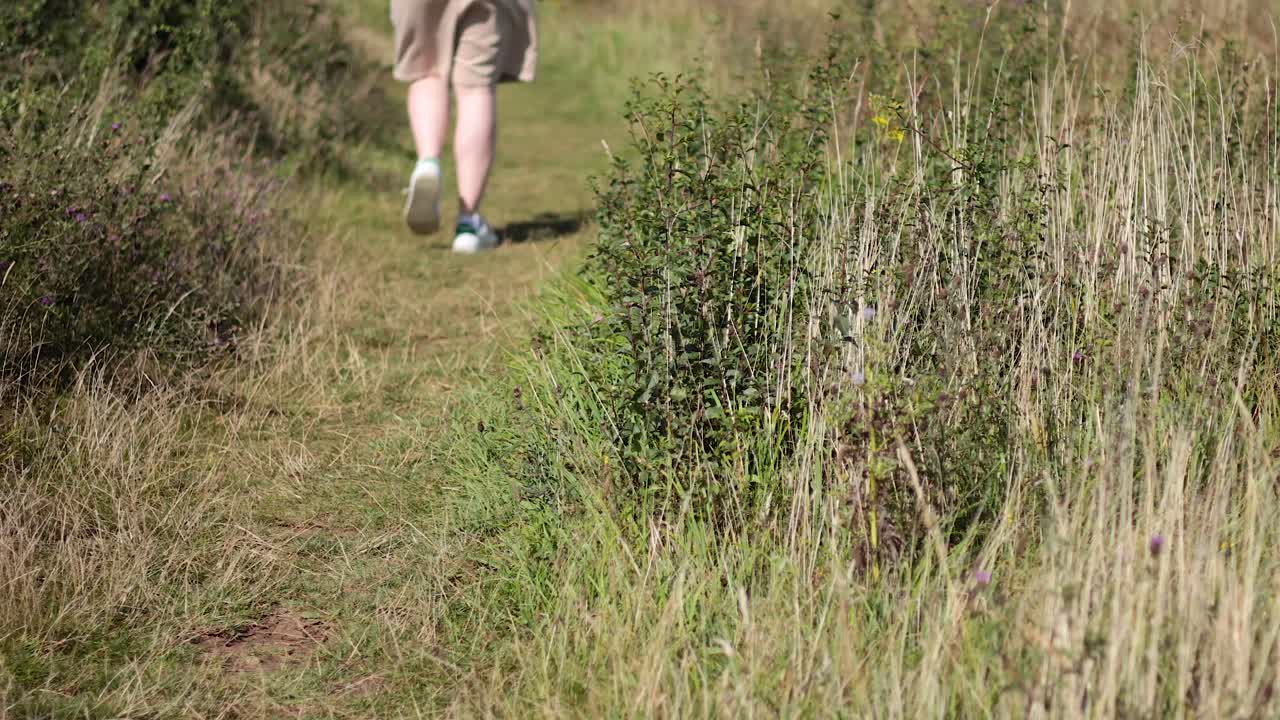 잔디 가득한 정원 길 을 따라 산책 하는 사람