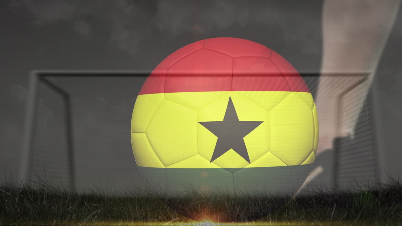 animación de la bandera de ghana y el fútbol sobre el estadio