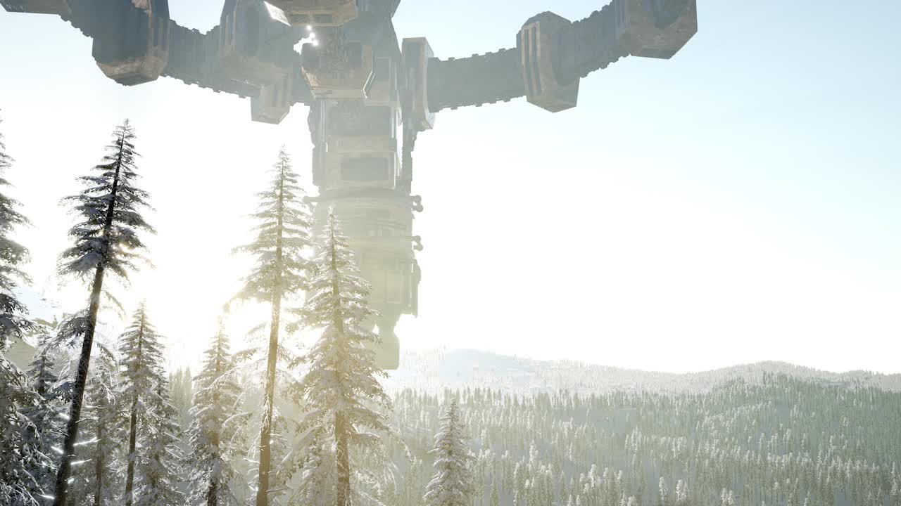 해가 지면서 숲 위를 떠다니는 ufo와 함께 빛의  ⁇