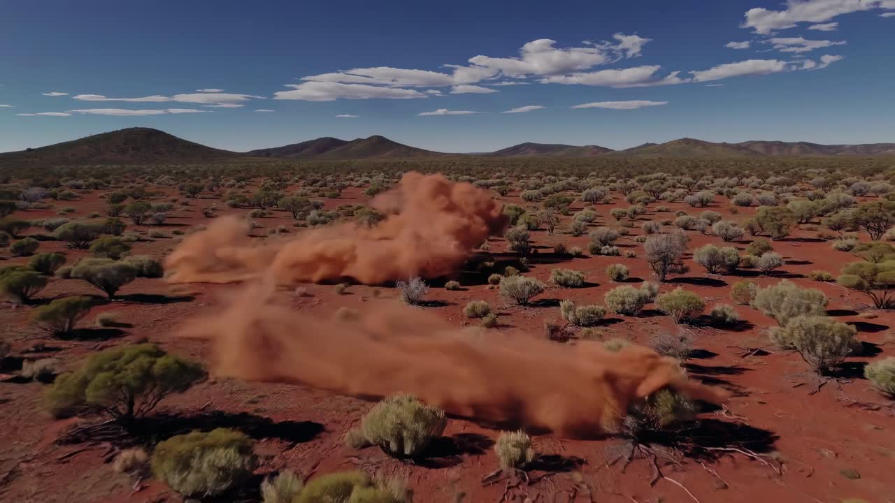 Aerial video captures a vast desert landscape with scattered shrubs and distant hills under a clear
