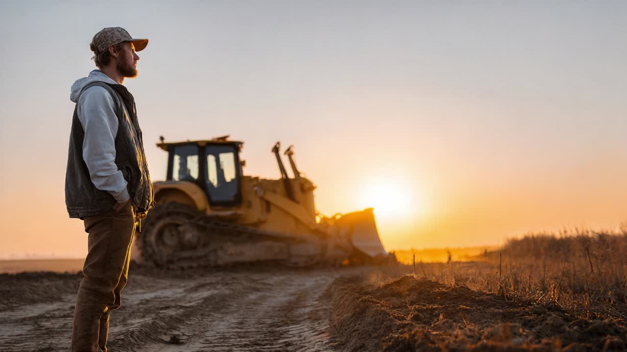 Man and Bulldozer at Sunset