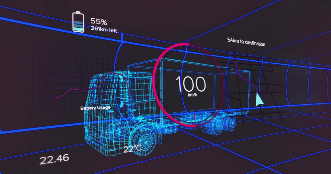 Simulazione che avvia un autoarticolato wireframe che accelera attraverso un tunnel a griglia per test di velocità