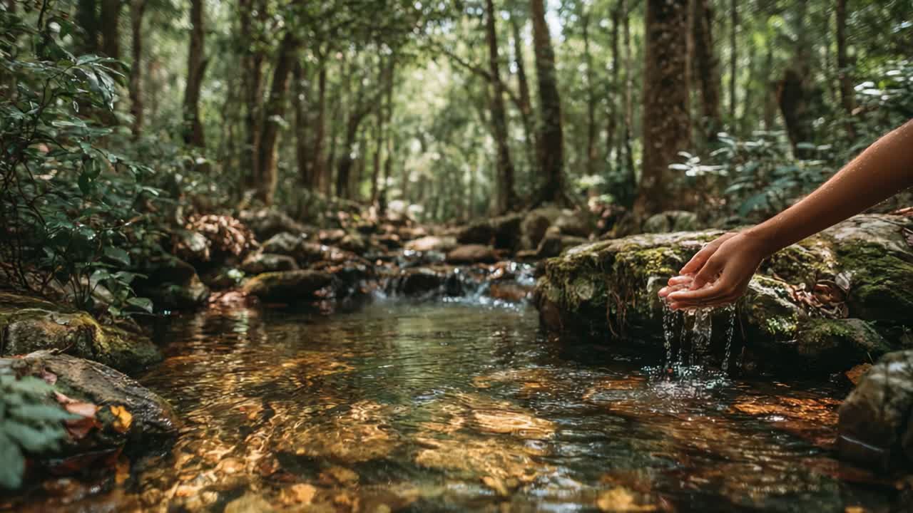 A Serene Forest Stream: A Hand Reaches Out to the Crystal-Clear Waters, Surrounded by Lush Green Trees and the Sounds of Nature, Inviting Tranquility and Reflection