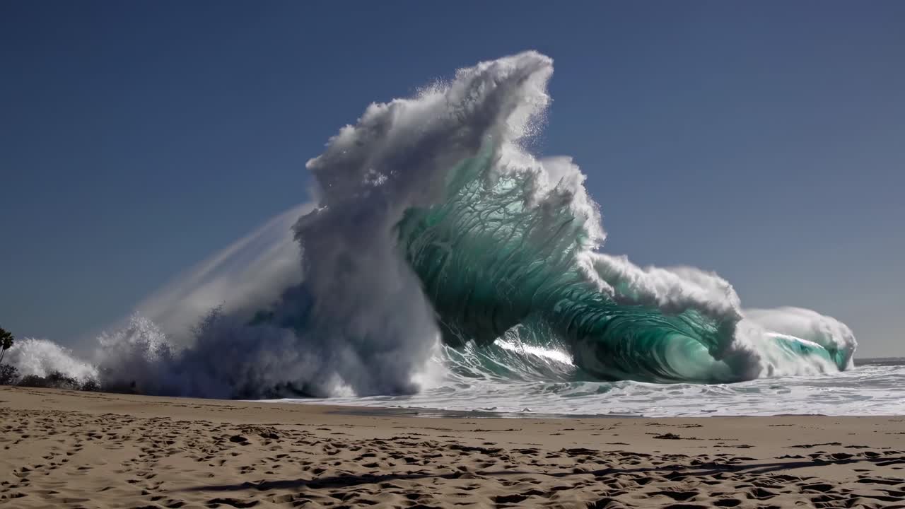 En surrealistisk video av ruvende bølger som slår inn på en sandstrand, filmet fra lav vinkel.
