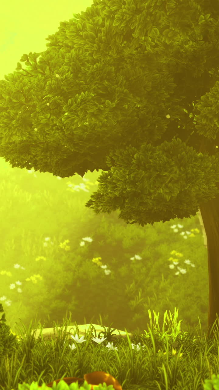 Serene sunlight filters through lush trees in a tranquil forest landscape