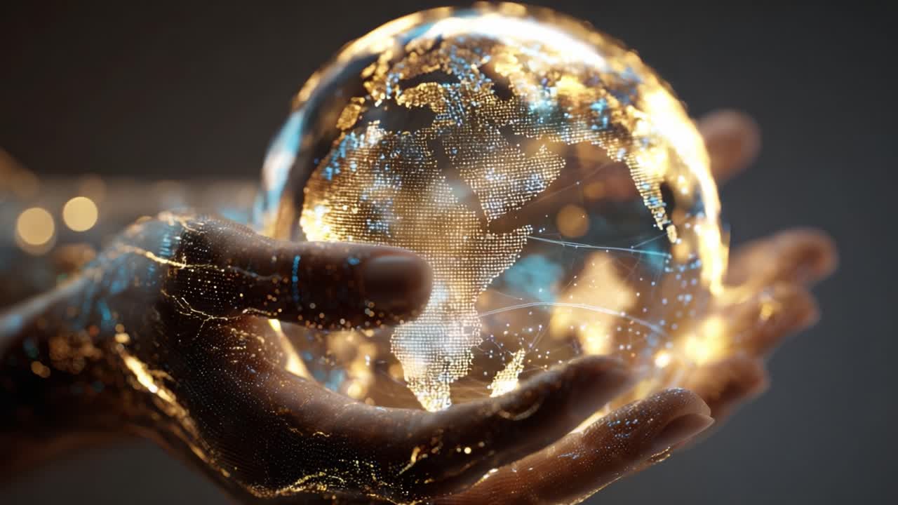 Human hands gently holding a floating, glowing, and futuristic digital globe. Concepts of technology, global communication, artificial intelligence, international business, and the environment