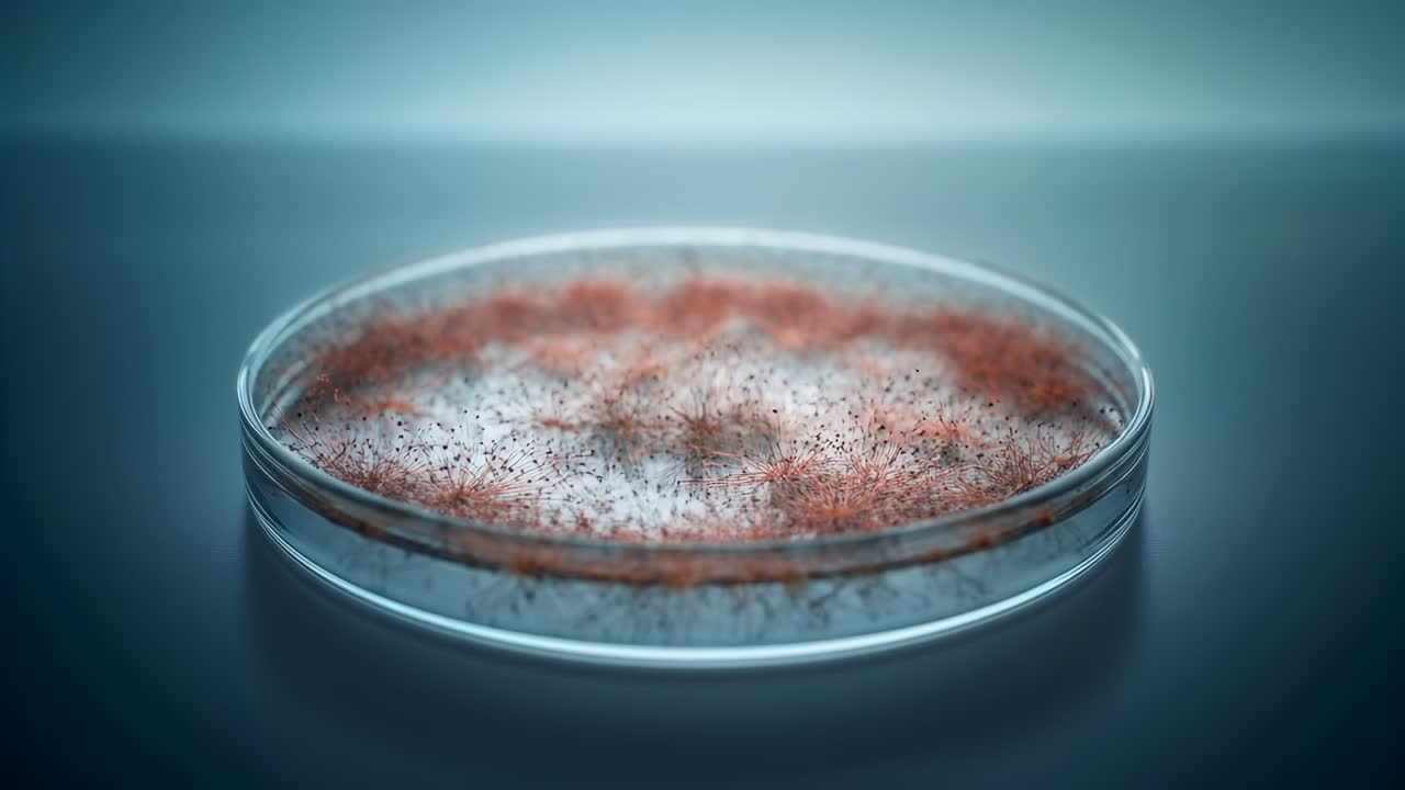 Recording timelapse camera filming petri dish filaments expanding on agar bench, monitoring growth
