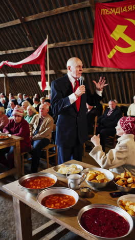 political gathering with food and flags