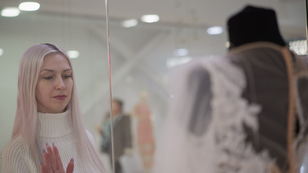 bride to be stands before wedding gown display in sleek mall boutique, gentle hand on glass window, thoughtful expression reflects anticipation and excitement, soft lighting highlights lace details