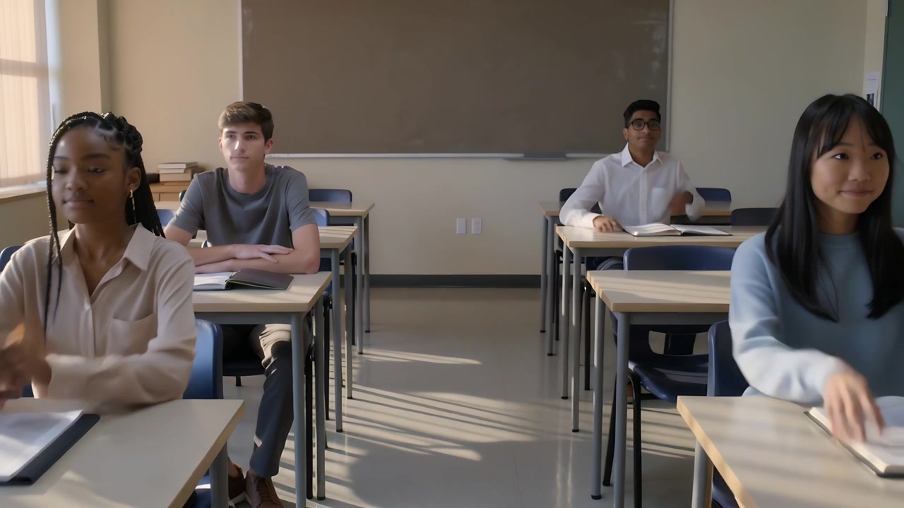 Adolescente à esquerda ajustando o assento para se acomodar, adolescente de trás em pé e depois sentado, anotações na sala de aula.