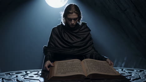 woman reading an ancient book in a dark room