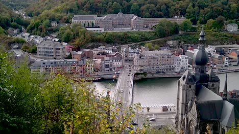 city centre of dinant, belgium filmed from above