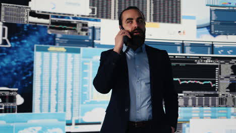 entrepreneur on a business call analyzing financial charts and kpi models