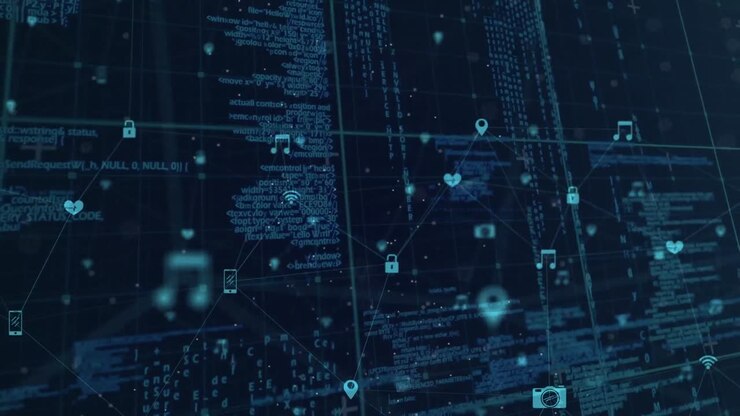 Animation of data processing, network of connections with icons and grid