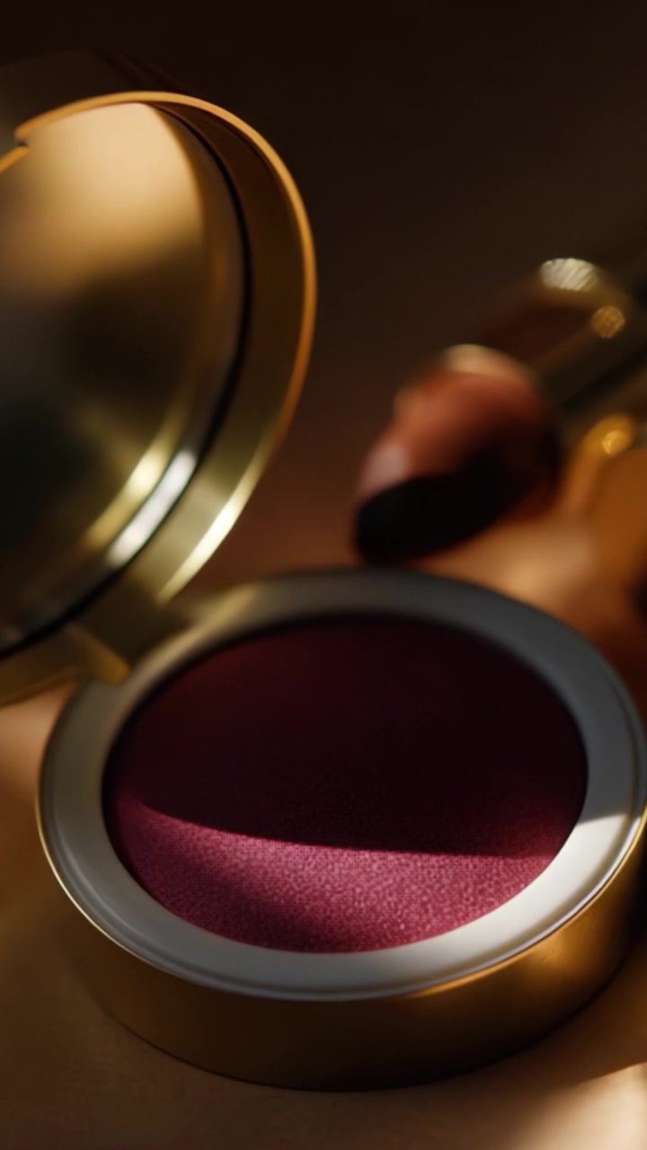 Elegant Beauty Composition Featuring Lipstick and Blush Compact, Showcasing Rich Colors and Soft Lighting for a Glamorous Makeup Aesthetic